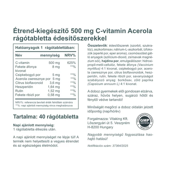 Vitaking acerola C-500 epres ízben 40 rágótab.