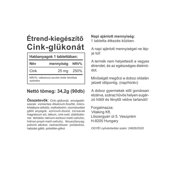 Vitaking cink glükonát 25 mg 90 tab.