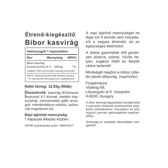 Vitaking echinacea (bíbor kasvirág) kivonat 250 mg 90 kap.