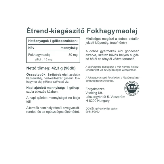 Vitaking fokhagymaolaj kapszula (15mg allicin) 90 kap.