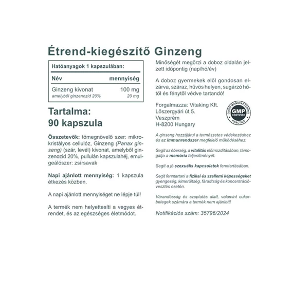 Vitaking ginzeng kivonat 100 mg 90 kap