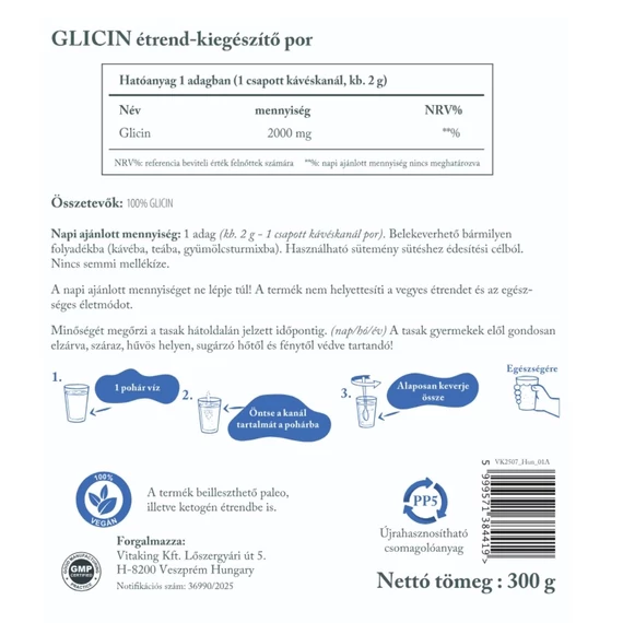 Vitaking 100% glicin por vegán,natur 300 g
