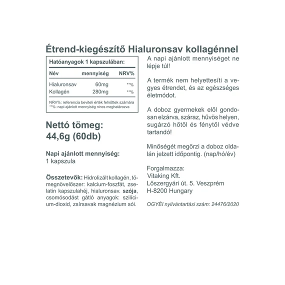 Vitaking hialuronsav + kollagén komplex tabletta (60)