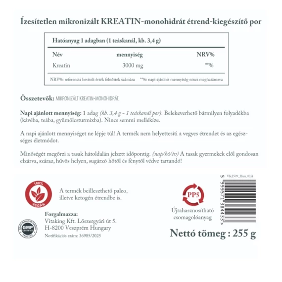 Vitaking 100% kreatin monohidrát -natúr, mikronizált-255 g