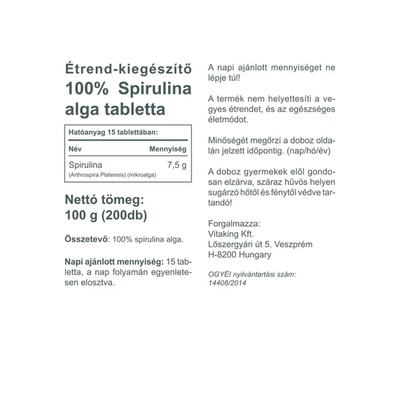 Vitaking spirulina alga tabletta 500 mg 200 tab.